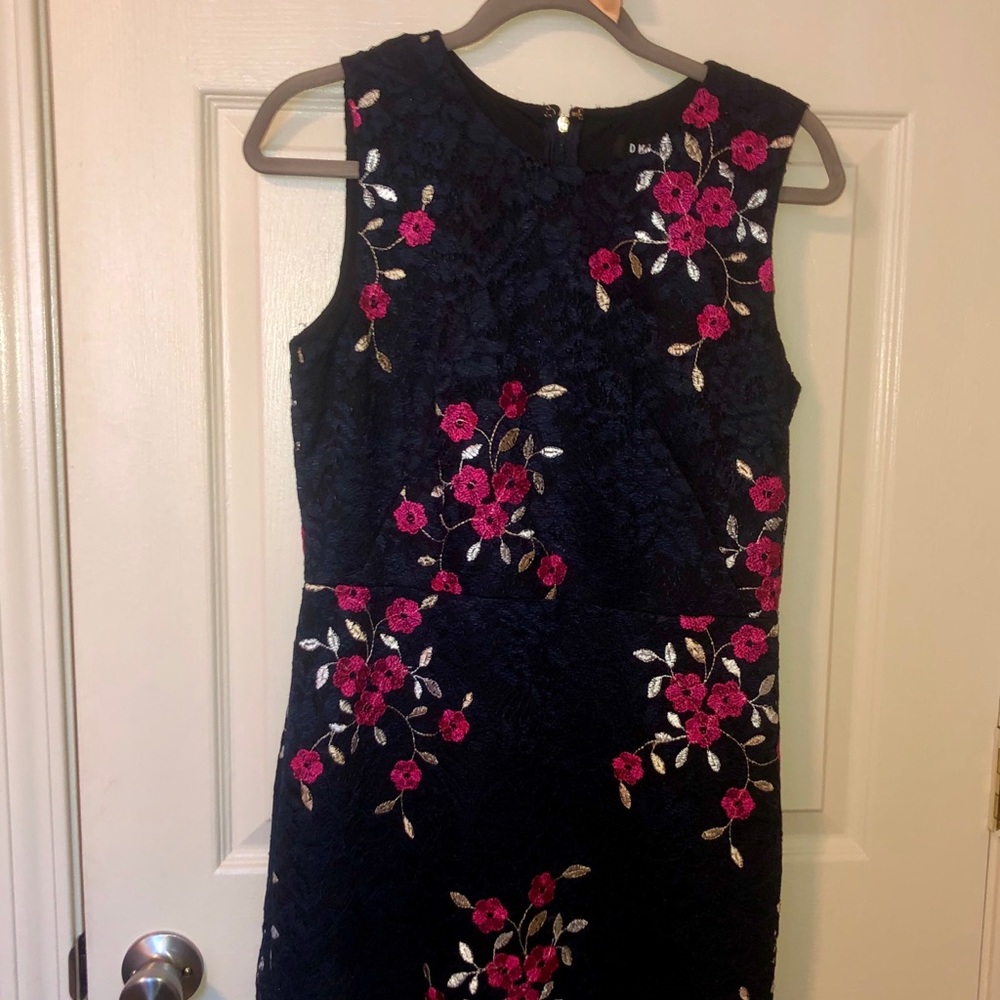 DKNY Navy Lace Dress with Embroidered Detail